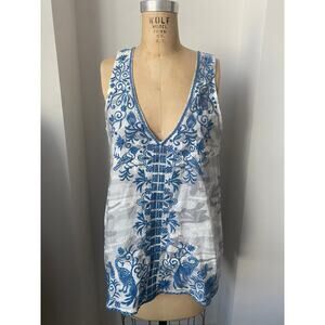 Johnny Was Harriet V-Neck Linen Tank Top in Pearl size S